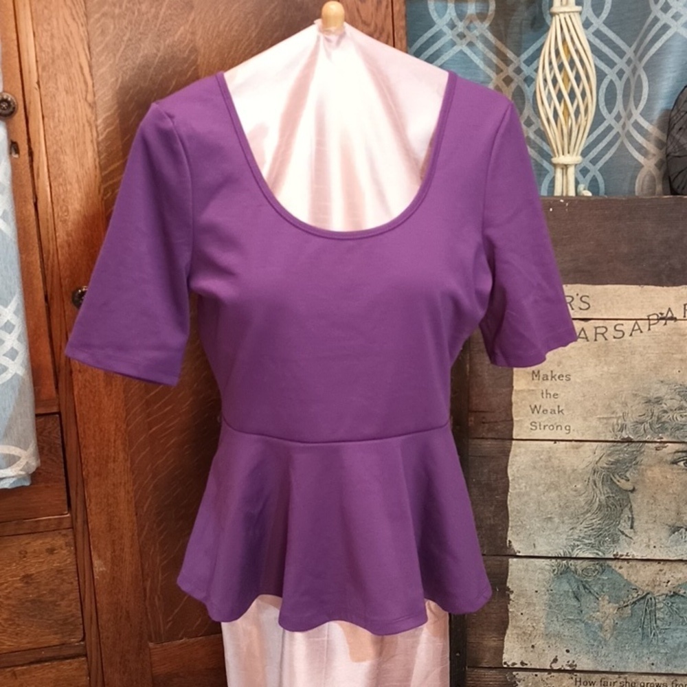 𝅺d2-10 Plum Purple Elbow Sleeve Sheer  V Back Scoop Neck Scuba Peplum Top XL